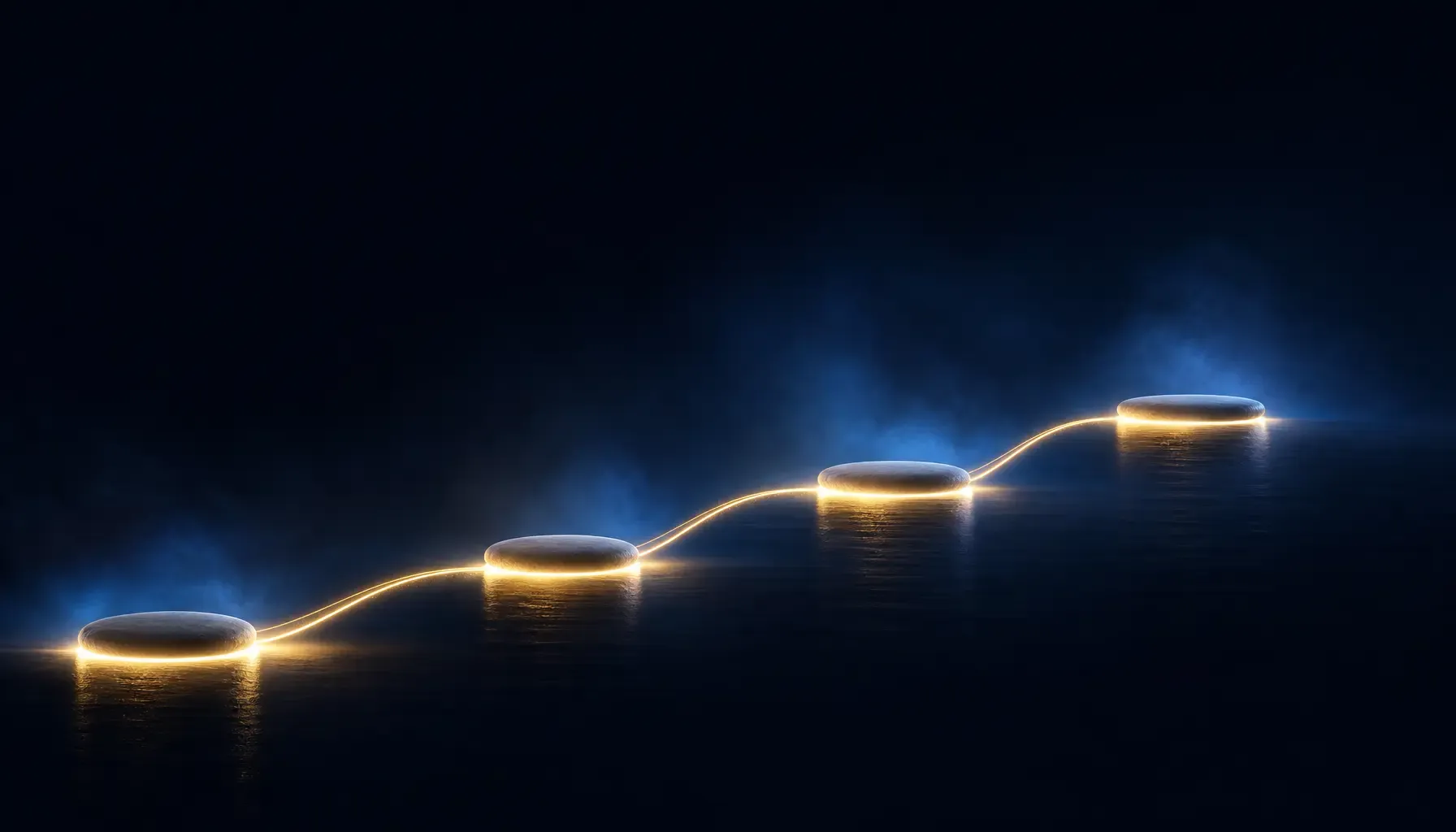 Vier verlichte stapstenen verbonden door een gouden lichtlijn, oplopend van links naar rechts