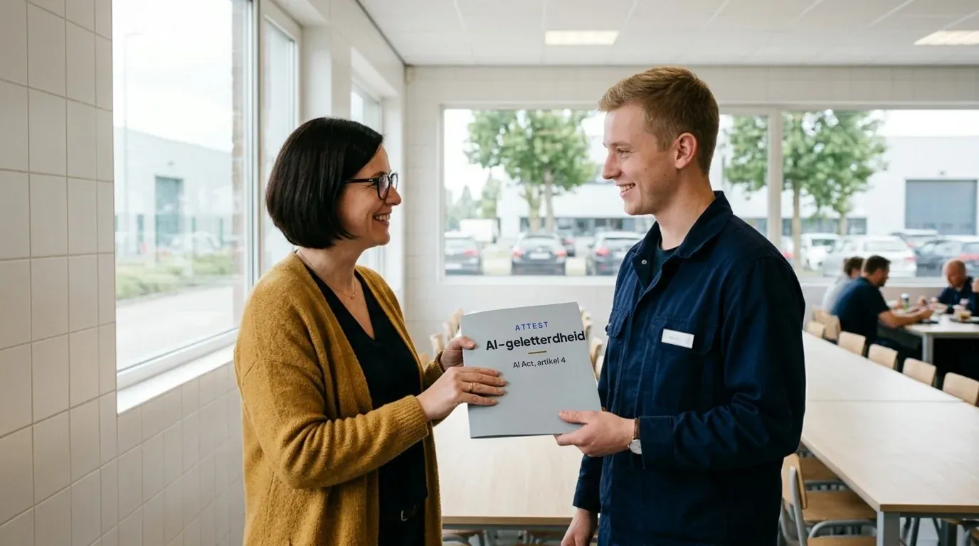HR-verantwoordelijke overhandigt in de bedrijfskantine een map met het opschrift Attest AI-geletterdheid, AI Act artikel 4, aan een jonge operator