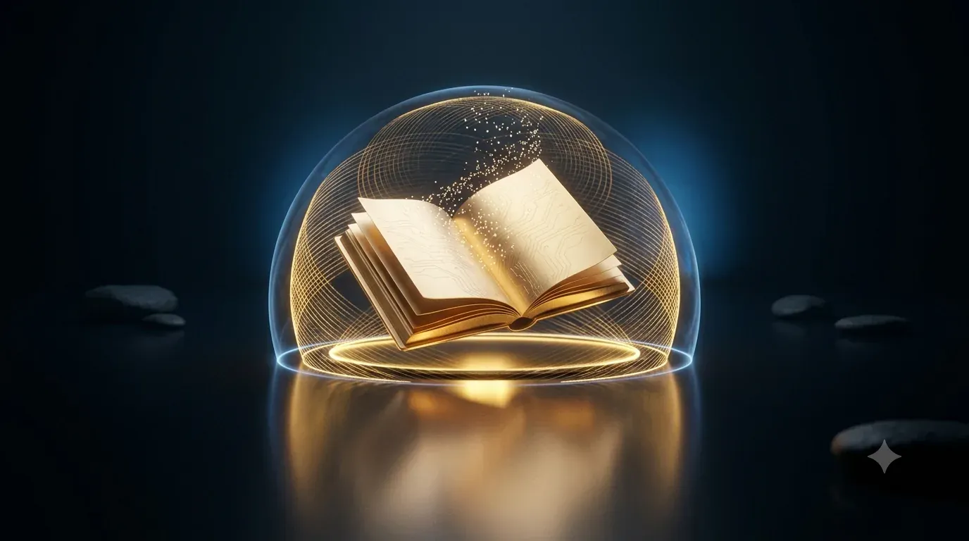 Donker tafereel met een open boek van geborsteld goud onder een transparante beschermkoepel; de bladzijden dragen een subtiel circuitpatroon en lossen bovenaan op in opstijgende gouden lichtdeeltjes