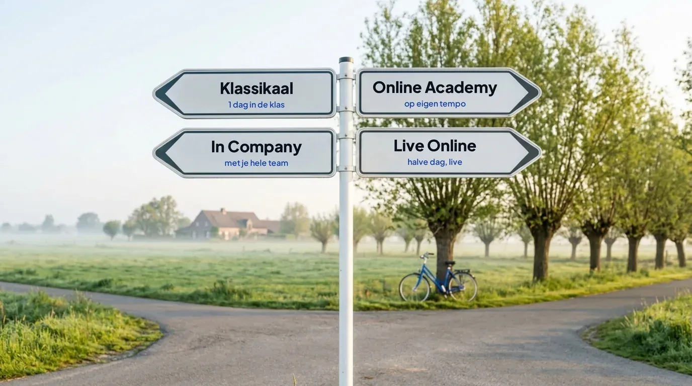 Fietswegwijzer in de Vlaamse polder met vier pijlen: Klassikaal, Online Academy, In Company en Live Online