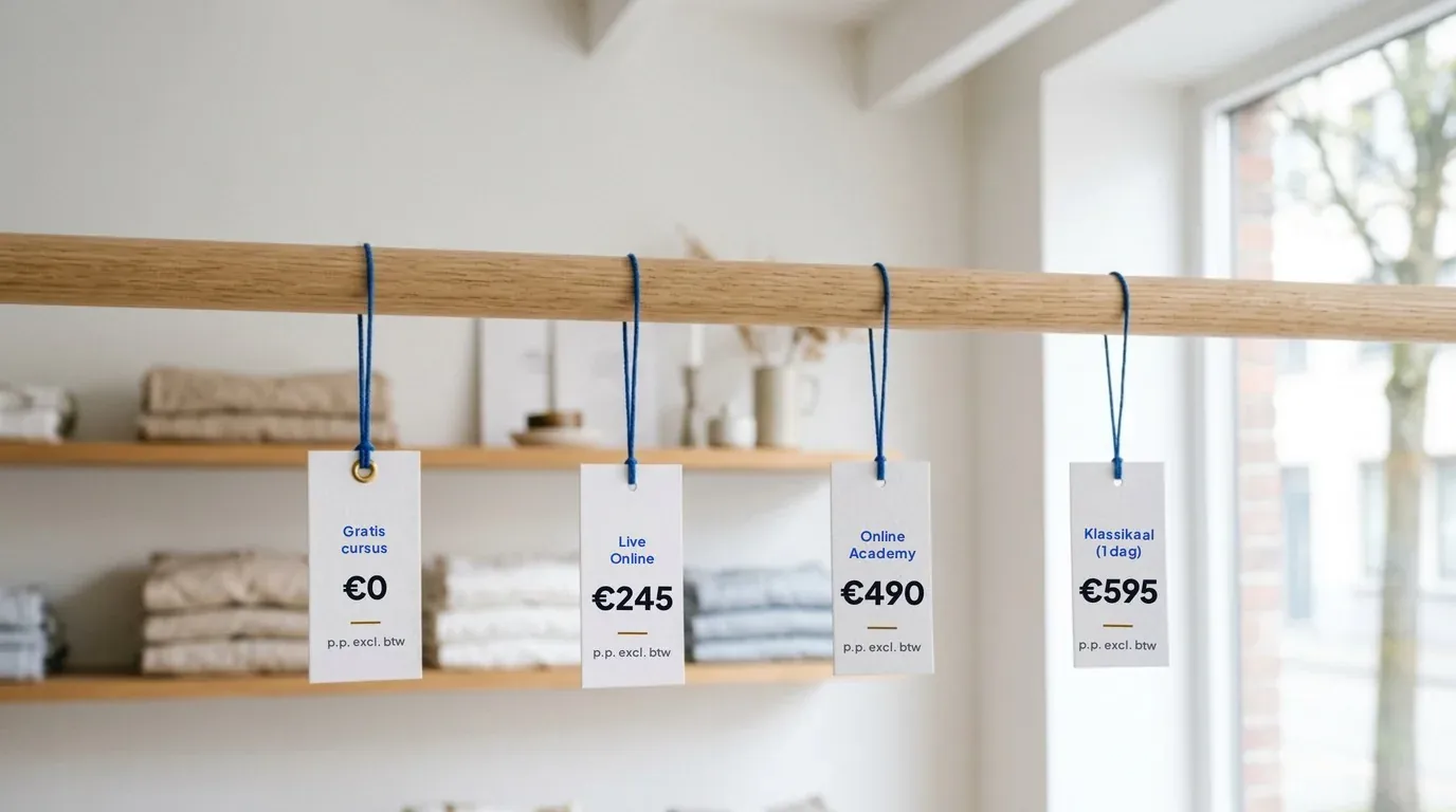 Vier prijskaartjes aan een houten rek: gratis cursus 0 euro, Live Online 245 euro, Online Academy 490 euro en Klassikaal 595 euro, per persoon excl. btw
