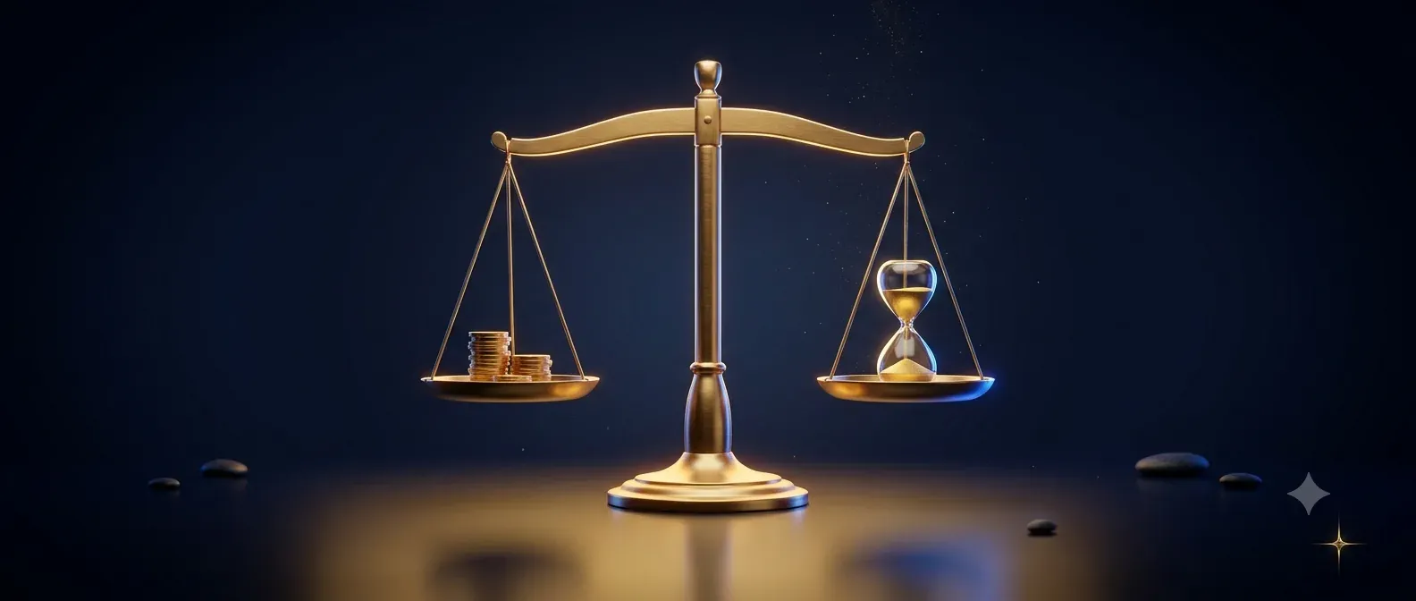 Donker tafereel met een gouden weegschaal in perfect evenwicht: op de ene schaal een stapeltje gouden munten, op de andere een glazen zandloper met gouden zand, met een warme gouden gloed en een subtiele koelblauwe glans langs het frame