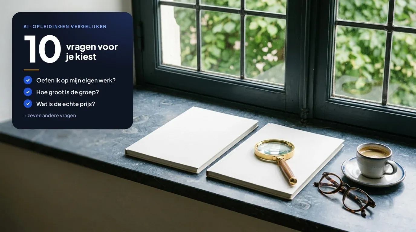 Twee identieke witte cursusmappen op een vensterbank in blauwe hardsteen met een loep erop, naast een kaart met tien vragen om AI-opleidingen te vergelijken