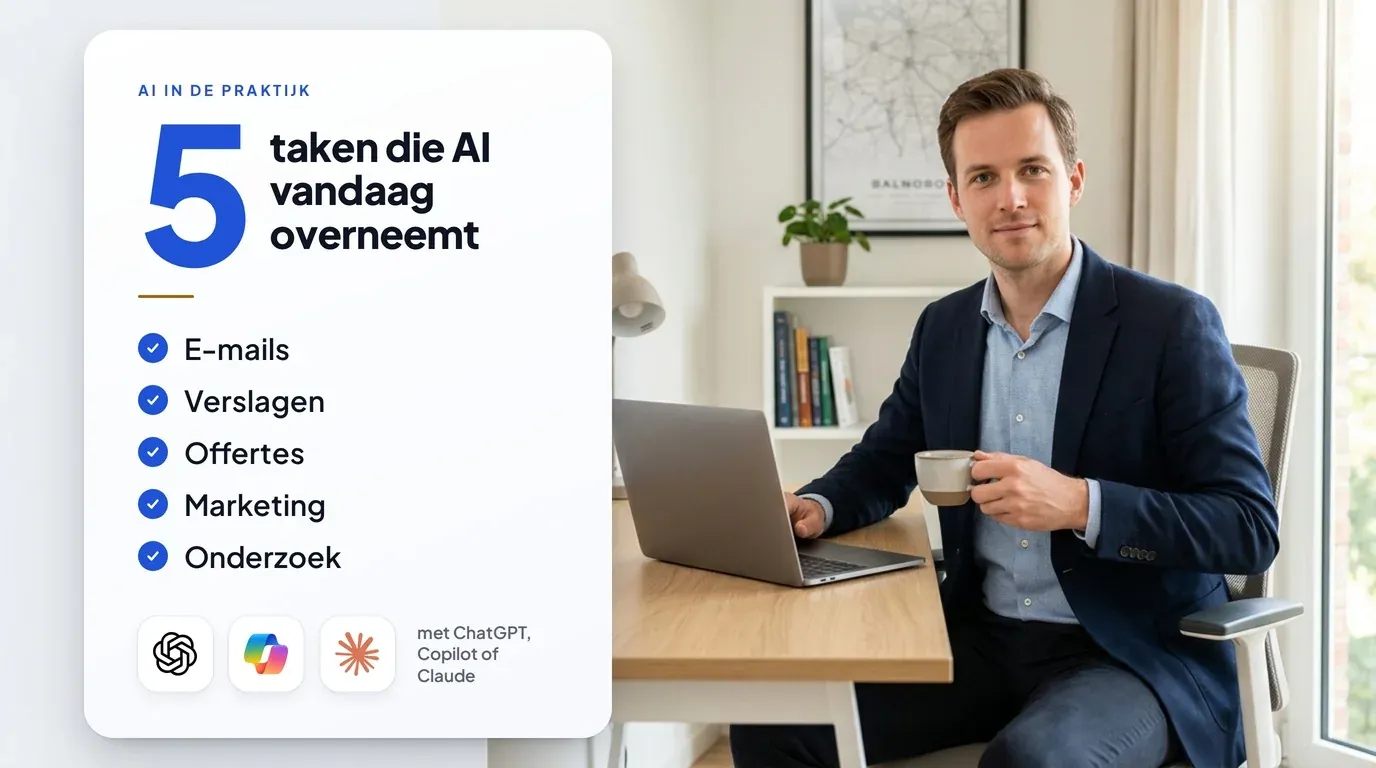 Zelfstandige aan zijn bureau in een licht thuiskantoor, naast een kaart met vijf taken die AI vandaag overneemt: e-mails, verslagen, offertes, marketing en onderzoek