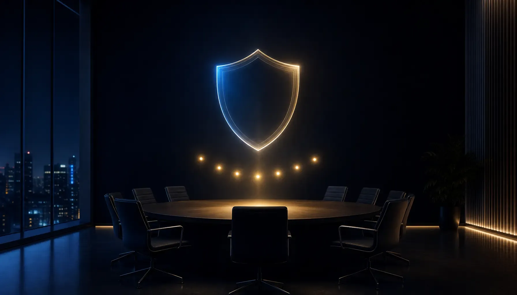 Lichtgevend schild zweeft boven een ronde vergadertafel in een donker kantoor, met zeven gouden lichtpunten eronder