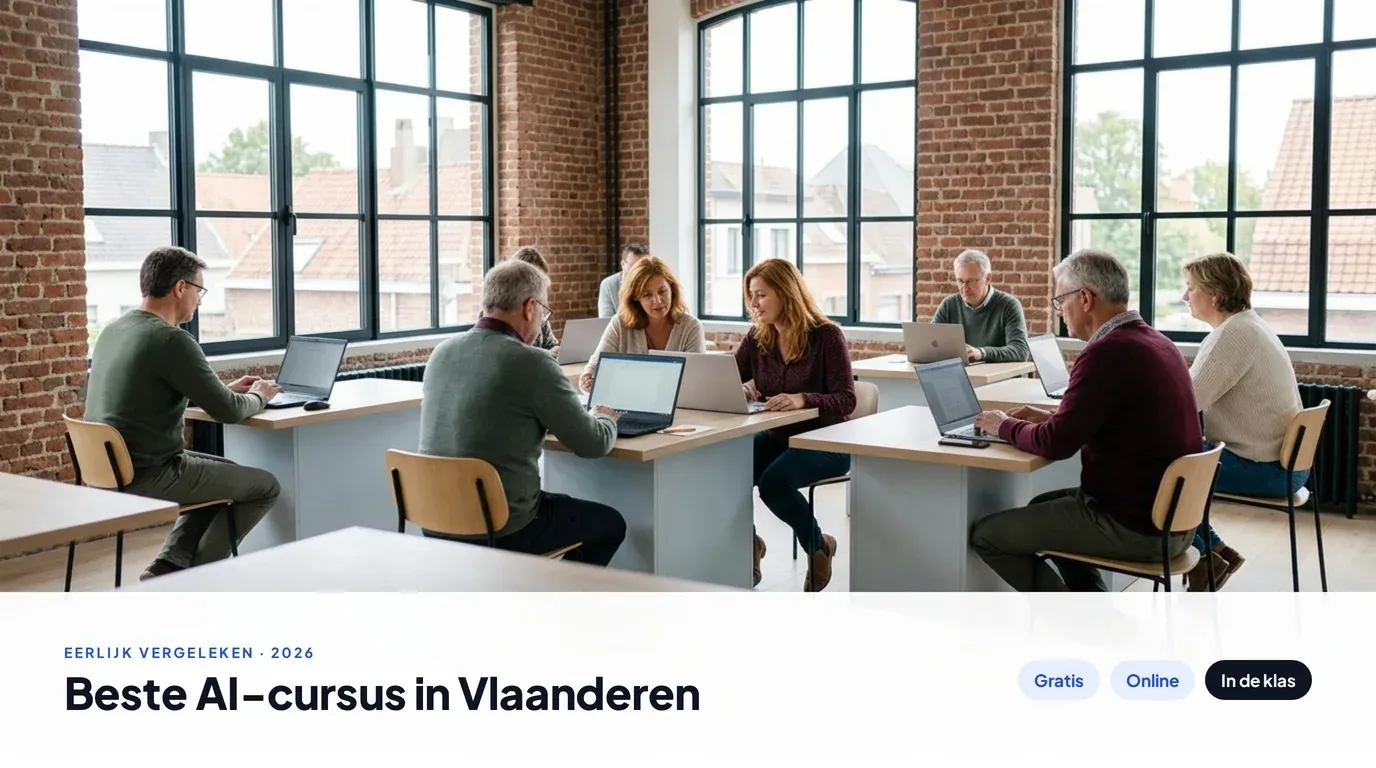 Kleine groep volwassenen oefent op eigen laptops in een lichte lesruimte in een bakstenen pakhuis