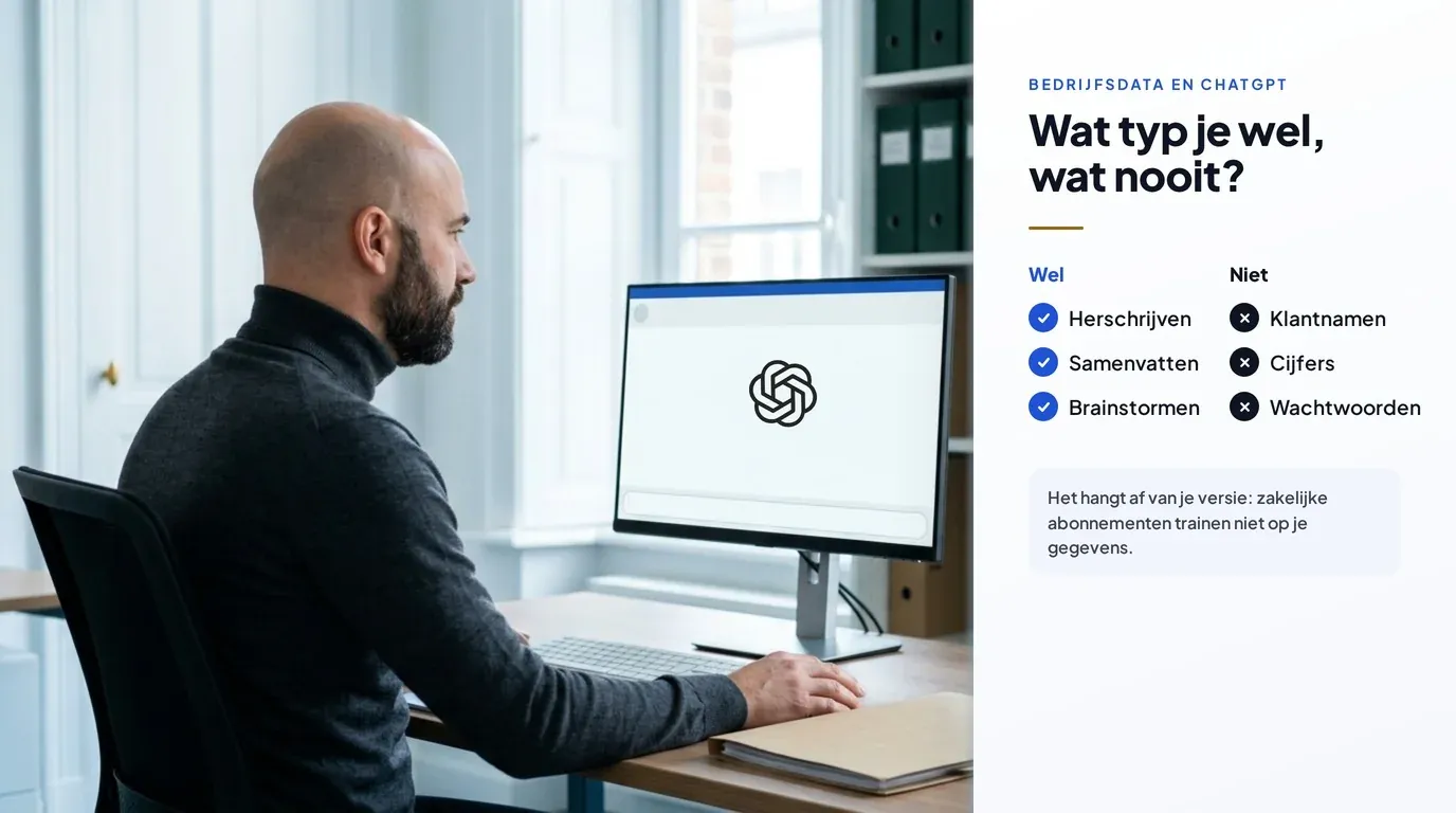 Notarisbediende aan zijn scherm met ChatGPT, naast een overzicht van wat je wel invoert (herschrijven, samenvatten, brainstormen) en wat nooit (klantnamen, cijfers, wachtwoorden)