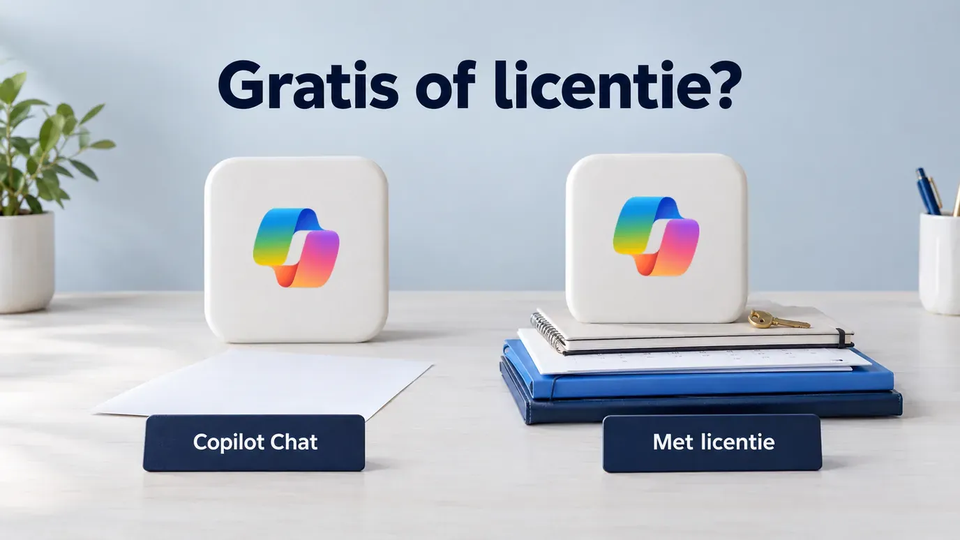 Twee witte app-tegels naast elkaar onder de vraag Gratis of licentie?: Copilot Chat met alleen een los blad, de betaalde licentie op een stapel met notitieboek, agenda, mappen en een sleutel