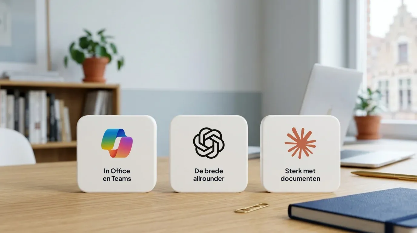 Drie witte tegels op een bureau met de logo's van Microsoft Copilot, ChatGPT en Claude en hun sterkte: in Office en Teams, de brede allrounder, sterk met documenten