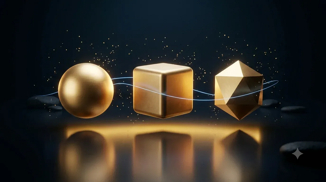 Donker tafereel met drie gouden vormen naast elkaar, een bol, een kubus en een prisma, elk met een eigen warme gloed en verbonden door een dunne blauwe lichtdraad