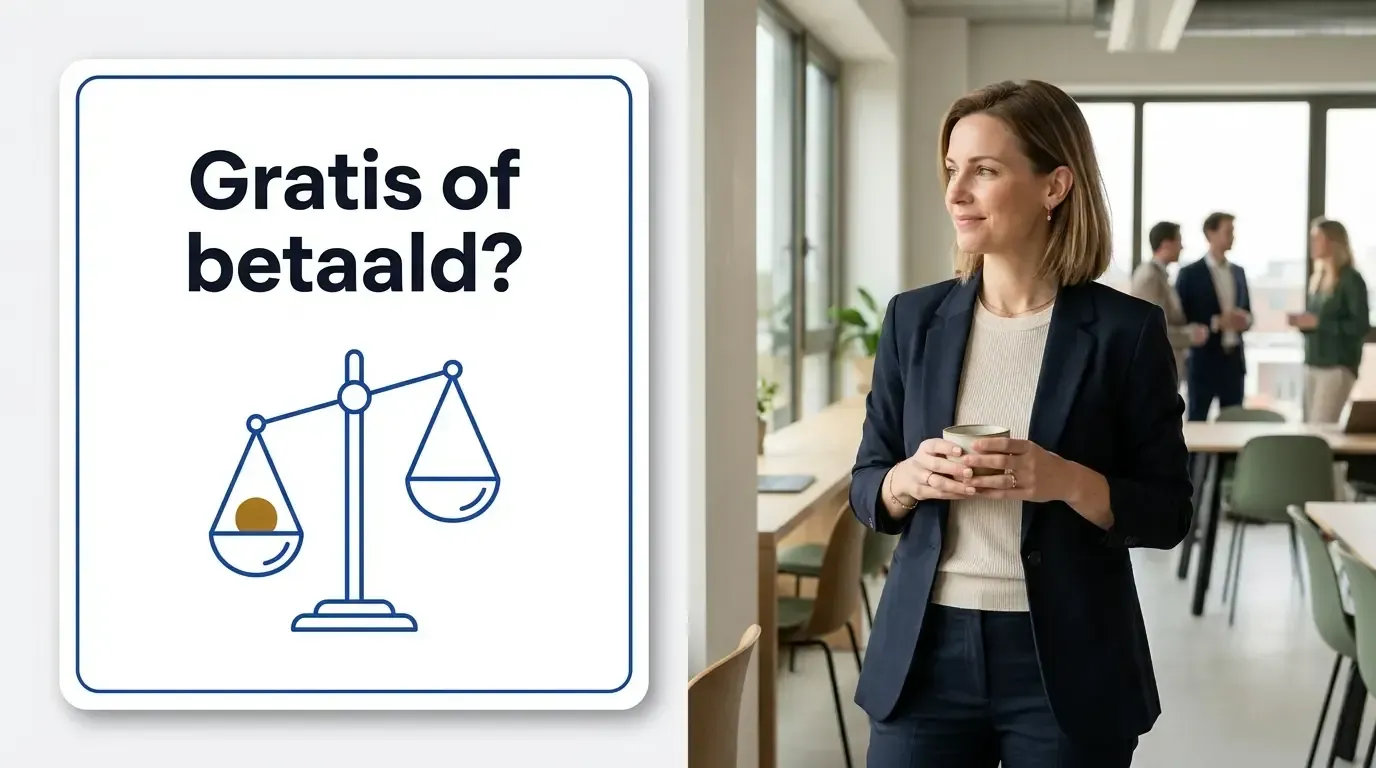 Professional met koffie in een lichte co-workingruimte naast een wit paneel met de vraag Gratis of betaald? en een blauwe weegschaal waarvan de schaal met een gouden munt doorweegt