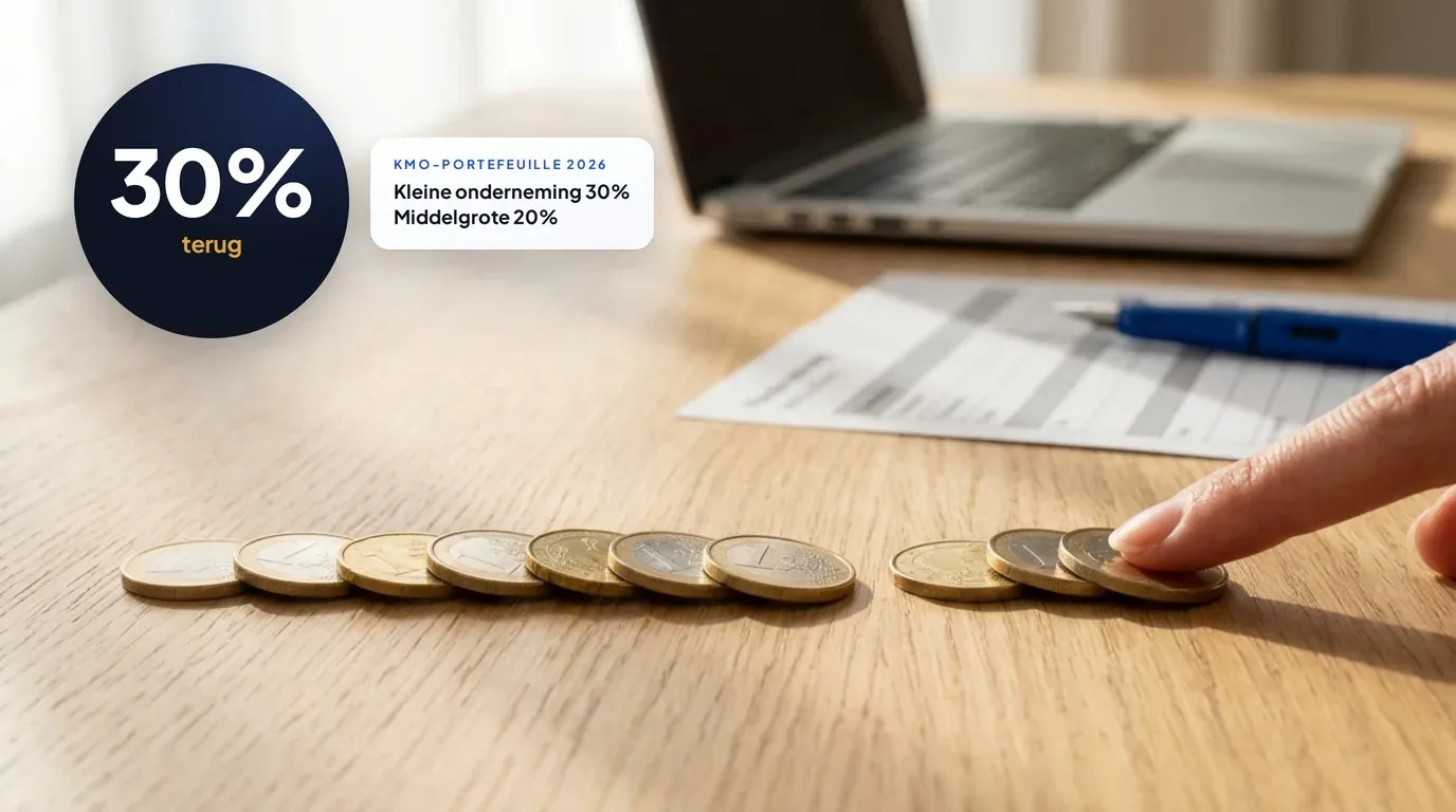Vingertop schuift drie van de tien euromunten naar voren, met de vermelding 30 procent terug via de kmo-portefeuille voor een kleine onderneming