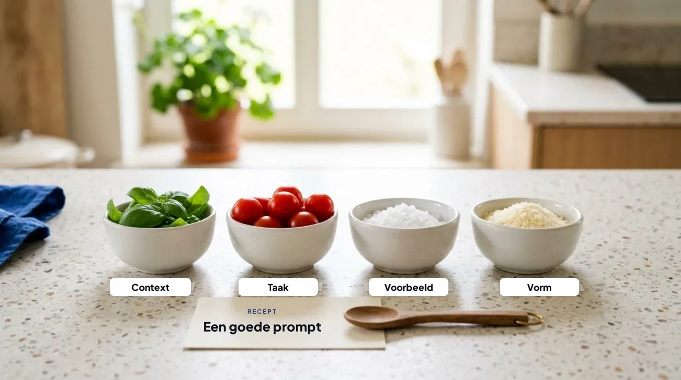 Vier kommetjes met ingrediënten op een werkblad met de labels context, taak, voorbeeld en vorm, en een receptkaart met de titel Een goede prompt