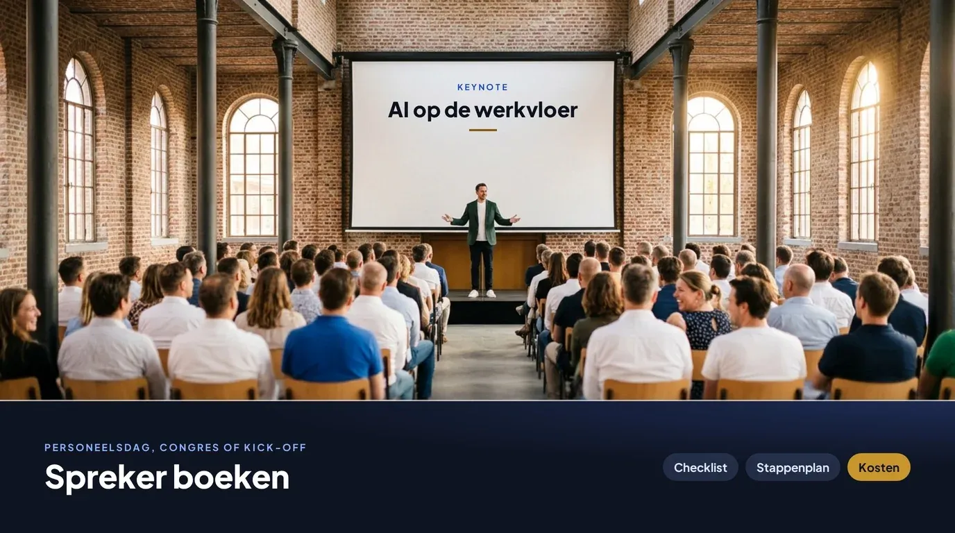 Spreker op een podium in een oude brouwerijzaal voor een volle zaal tijdens een personeelsdag