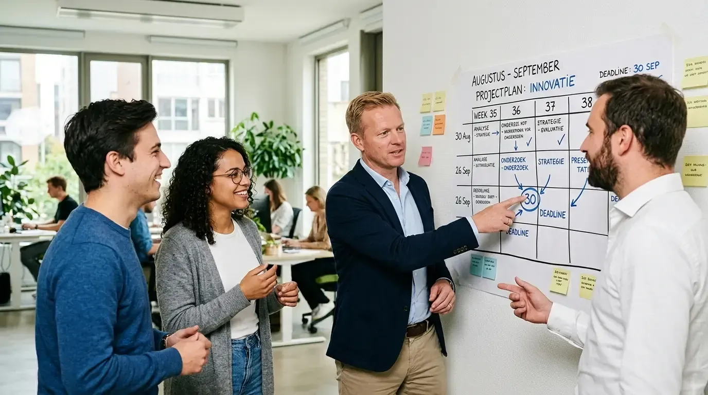 Team van vier collega's overlegt staand bij een grote wandplanner in een licht kantoor, terwijl de teamleider naar een blauw omcirkelde 30 op de weekplanning wijst